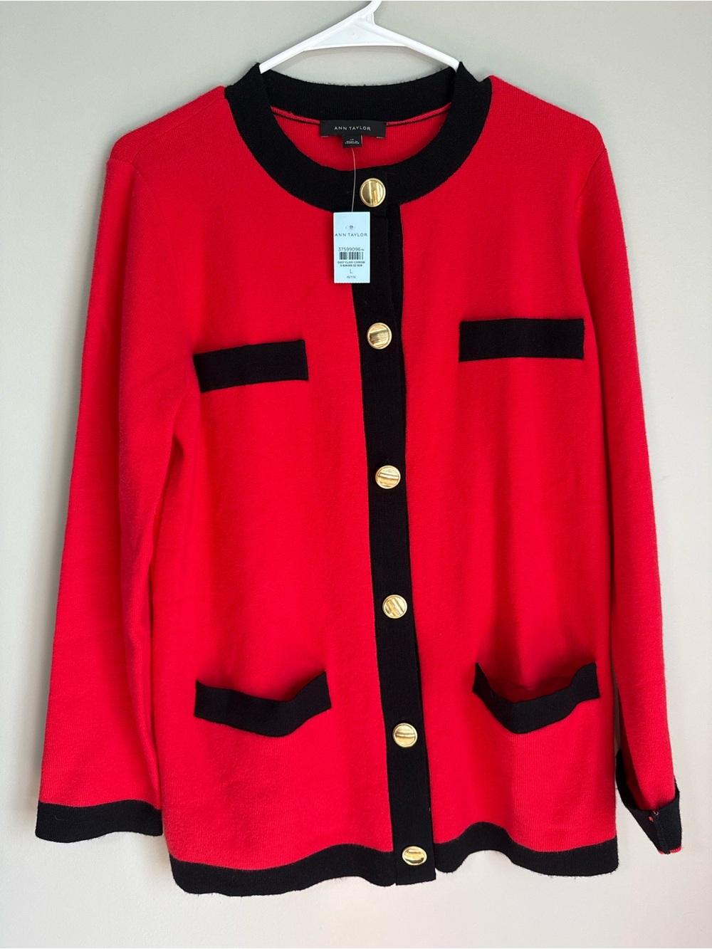 Ann Taylor Red Black Trim Cardigan with Gold Buttons Size Large Petite NWT